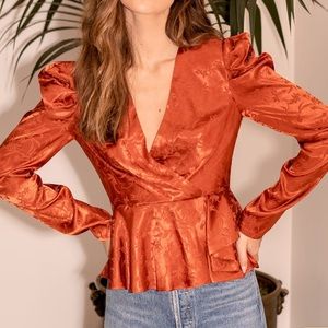 NWT Lulus Adoration Rust Orange Satin Jacquard Puff Sleeve Top